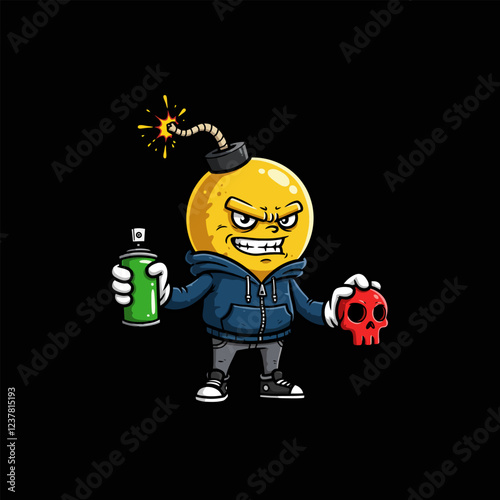 Bomb-Shaped Graffiti Character  Angry, Street Art Style