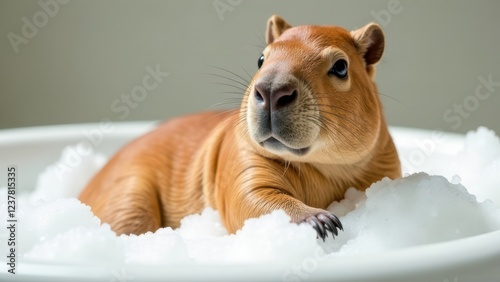 A capybara relaxes in a bubble bath photo