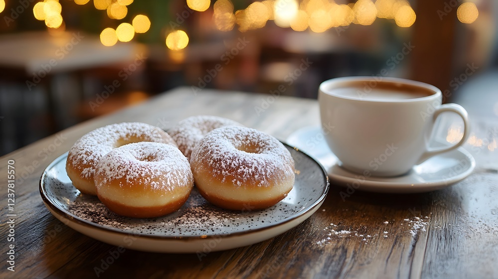 Powdered sugar donuts with coffee in a café.