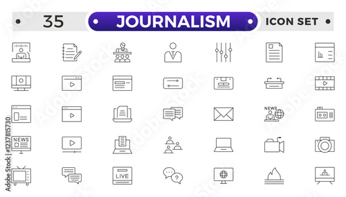 Journalism icon set. Containing journalist, news, microphone, interview, reporter, podcast, press badge, newspaper and radio. Outline icons collection. Vector illustration.