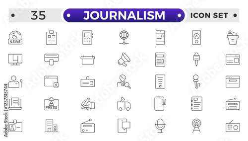 Journalism icon set. Containing journalist, news, microphone, interview, reporter, podcast, press badge, newspaper and radio. Outline icons collection. Vector illustration.