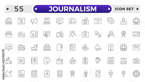Journalism icon set. Containing journalist, news, microphone, interview, reporter, podcast, press badge, newspaper and radio. Outline icons collection. Vector illustration.