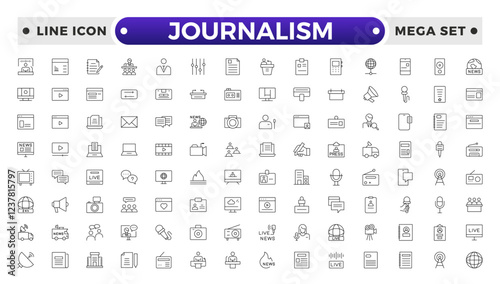 Journalism icon set. Containing journalist, news, microphone, interview, reporter, podcast, press badge, newspaper and radio. Outline icons collection. Vector illustration.