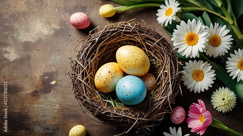Happy Easter concept with easter eggs in nest and spring flowers.