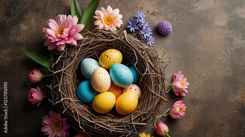 Happy Easter concept with easter eggs in nest and spring flowers.
