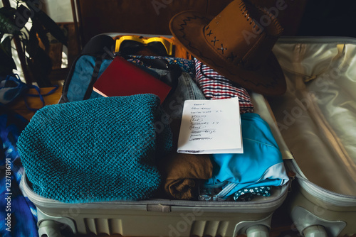 Open suitcase full of clothes and packing list in living room. Suitcase prepared for summer trip.