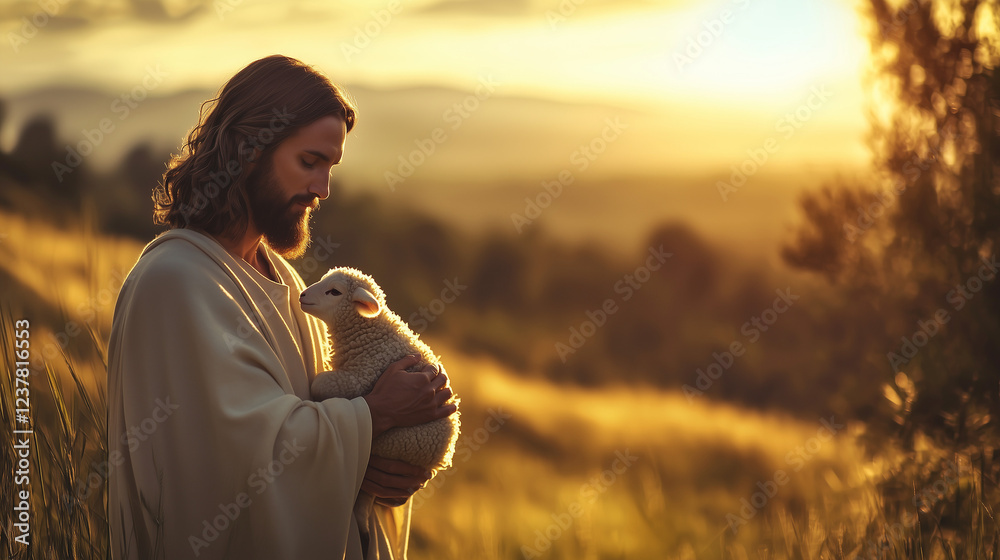 The Good Shepherd: Jesus holding a lamb, peaceful landscape, rolling hills, warm sunrise. Hope & divine love.