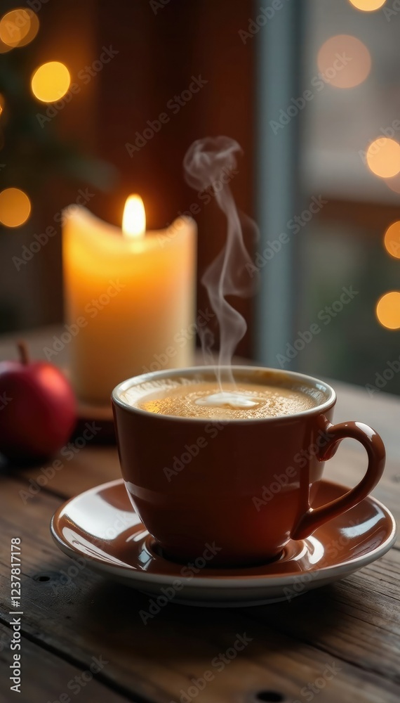 Steaming cup of coffee on a wooden table with a soft focus candle in the background, holiday, cozy Steaming cup of coffee on a wooden table with a soft focus candle in the background, holiday, cozy
