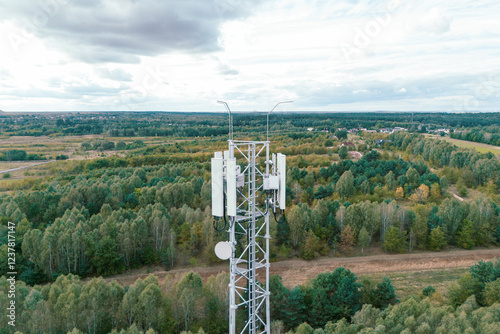Signal transmission tower in rural agricultural field