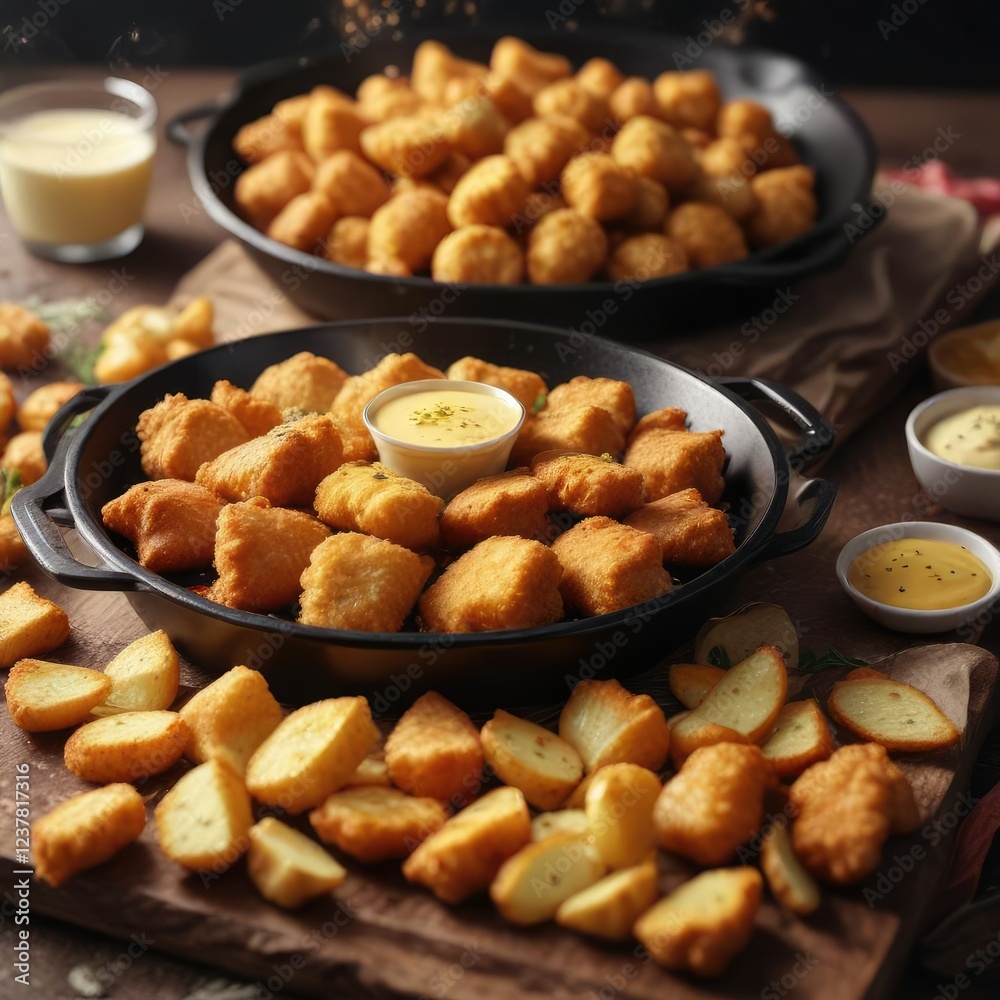 steaming hot plate of nuggets with mayonnaise and crispy potatoes , nuggets, food, plate