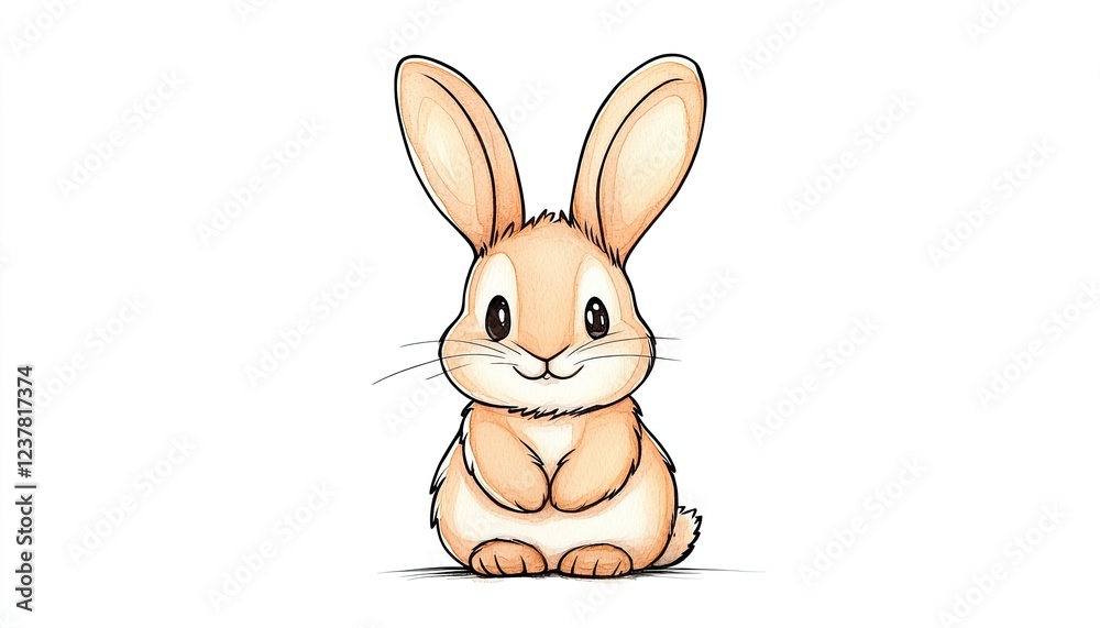 Obraz premium Cute cartoon rabbit sitting happily with big ears and a friendly expression on a white background