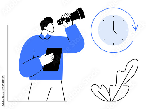 Man with tablet looking through telescope, clock with arrow, and leaf outline. Ideal for time management, future planning, technology, strategy, focus on goals, productivity and business growth