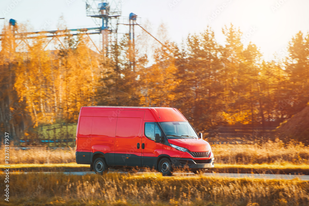 Fototapeta premium Utility van moving through countryside