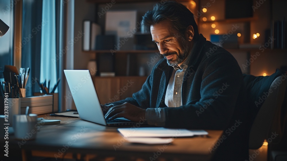 Confident Businessman Giving Online Presentation in Modern Office Confident Businessman Giving Online Presentation in Modern Office