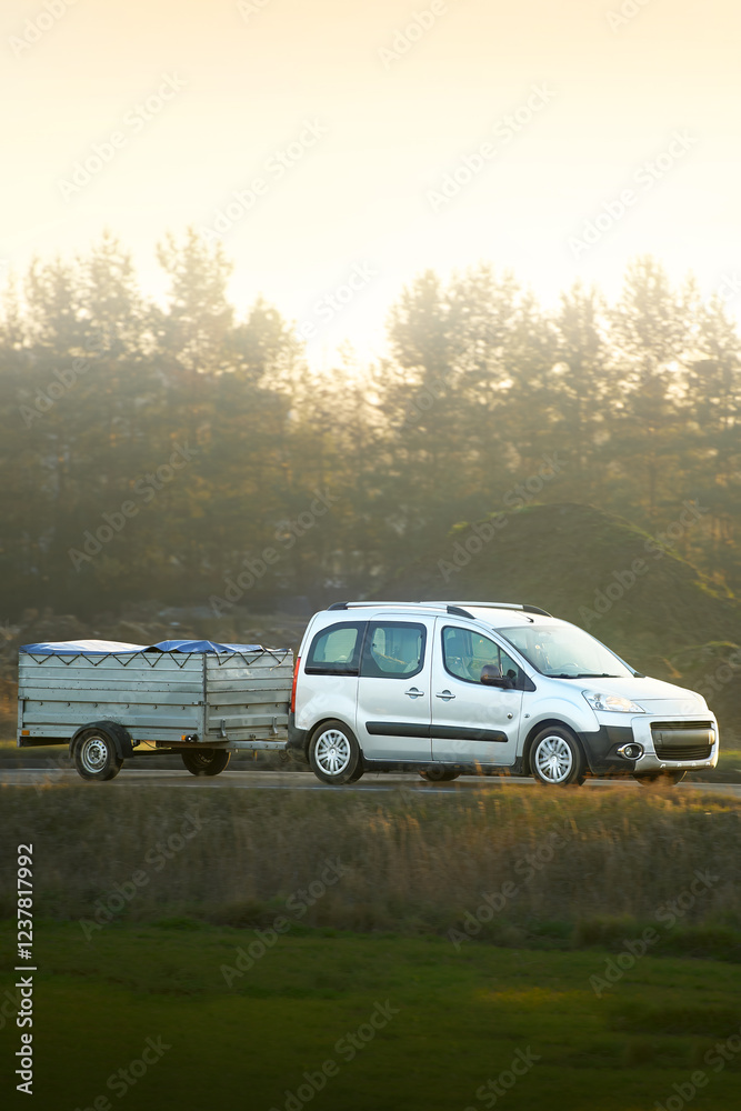 Vehicle with trailer driving through rural scenery Vehicle with trailer driving through rural scenery