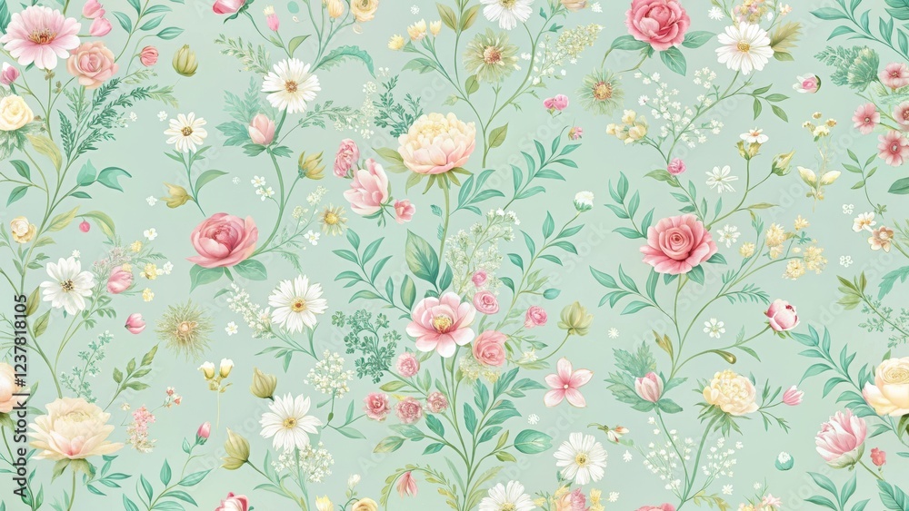A Delicate Pastel Floral Pattern Featuring Roses, Peonies, and Daisies on a Soft Green Background A Delicate Pastel Floral Pattern Featuring Roses, Peonies, and Daisies on a Soft Green Background