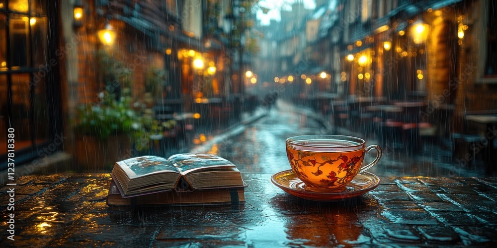 Obraz premium Rainy Day Cozy Vibes: A Book, Tea, and Cityscape