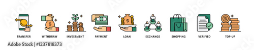 Mobile banking icon set flow process which consists of transfer, withdraw, investment, payment, loan, exchange, shopping, verified and top-up icon live stroke and easy to edit .