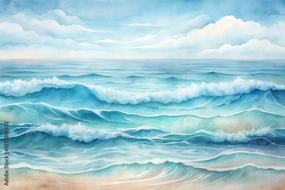 Fototapeta premium Serene Ocean Waves Crashing Gently on Sandy Shore Under a Cloudy Sky