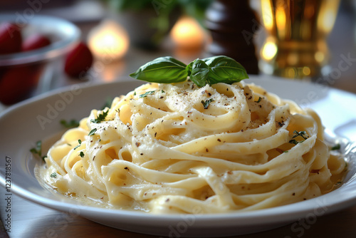 Pasta Alfredo with cream sauce and fresh basil.