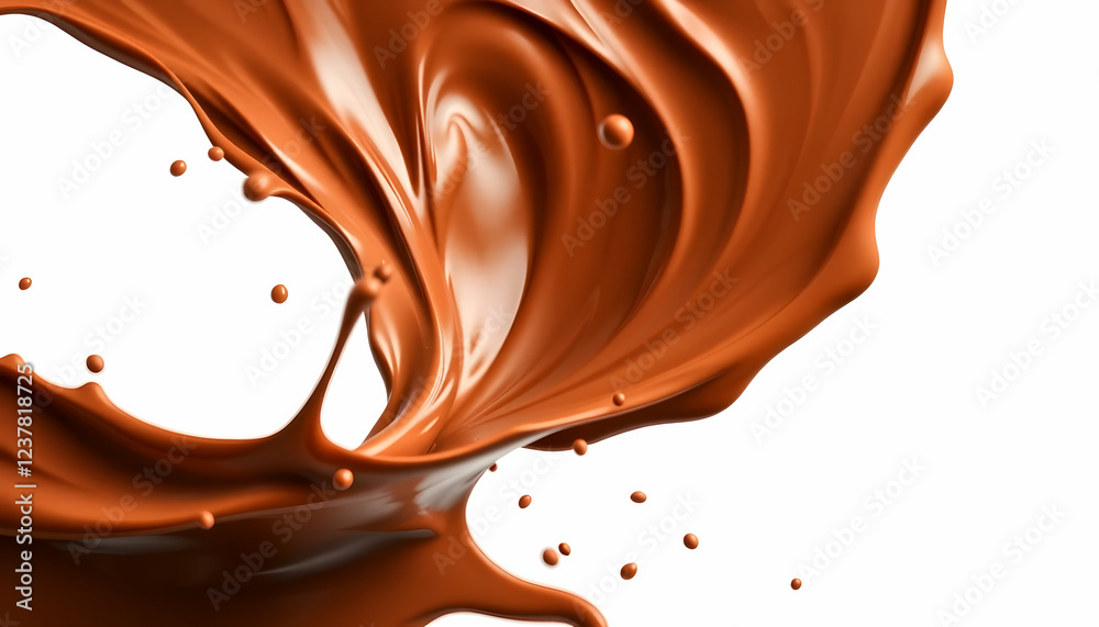 Liquid chocolate splash, creamy swirls, dynamic fluid motion, rich brown tones, white background, high-contrast, glossy surface, abstract art, photorealistic render, closeup detail, smooth textures, f Liquid chocolate splash, creamy swirls, dynamic fluid motion, rich brown tones, white background, high-contrast, glossy surface, abstract art, photorealistic render, closeup detail, smooth textures, f