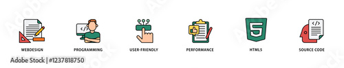 Mobile first icon set flow process which consists of webdesign, programming, user-friendly, performance, html5 and source code icon live stroke and easy to edit .