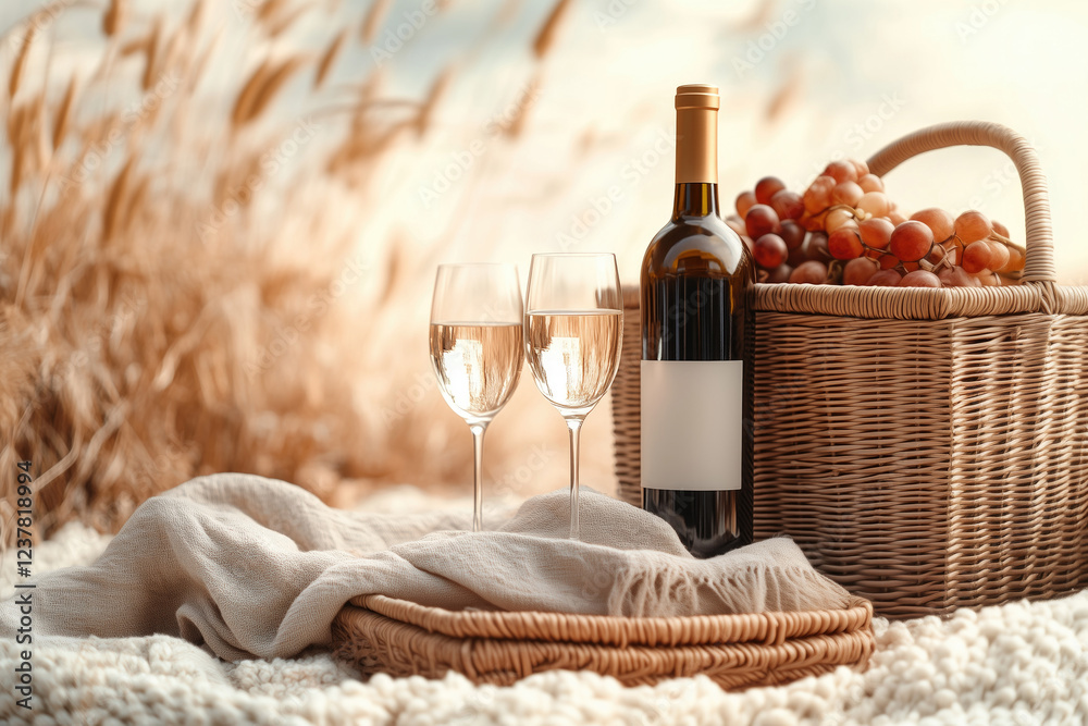 Naklejka premium Enjoying a peaceful outdoor picnic with wine and grapes in a serene setting