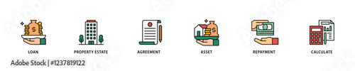 Mortgage icon set flow process which consists of loan, property estate, agreement, asset, repayment and calculate icon live stroke and easy to edit .