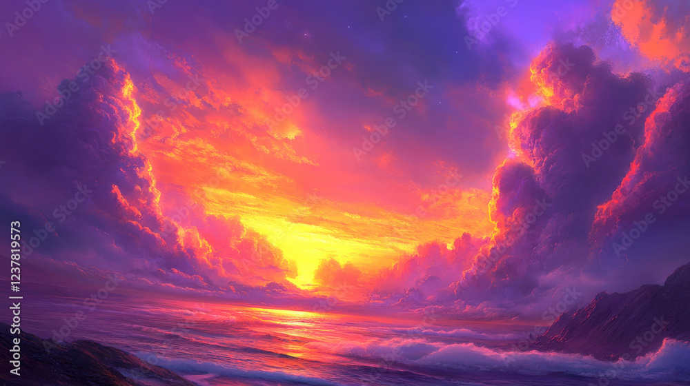 Obraz premium Ethereal sunset over a vast cloud sea, glowing edges of clouds catching the last light of the day, deep purples and fiery oranges blending in the sky