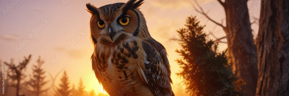 Obraz premium The golden light of sunset casts a warm glow on the owl, atmospheric perspective, trees in shadow