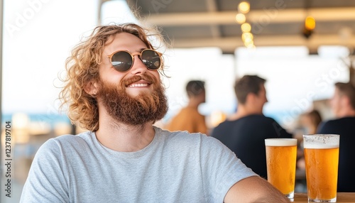 Young man with curly hair and sunglasses enjoying drinks at a beachside bar during sunset
