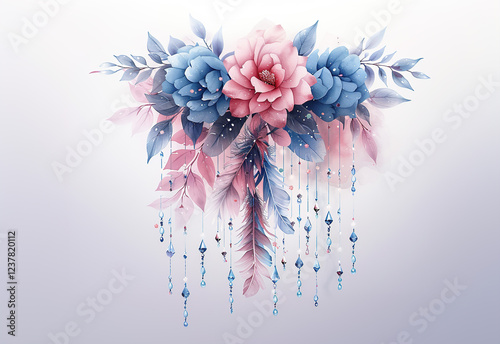 Beautiful boho dream catcher design featuring blue and pink flowers with delicate elements