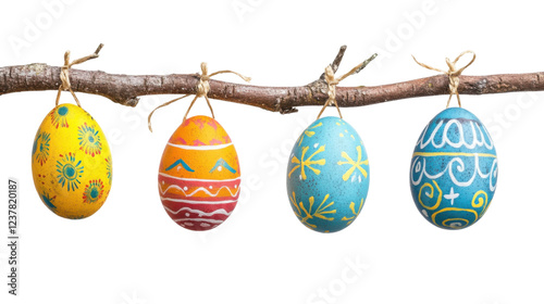 Four colorful easter eggs hanging on a branch with transparent background