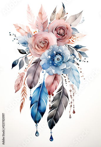 Flower composition in boho style featuring soft hues and elegant designs with feathers