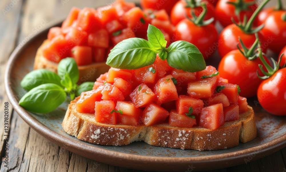 Fresh tomato bruschetta with basil garnish Fresh tomato bruschetta with basil garnish
