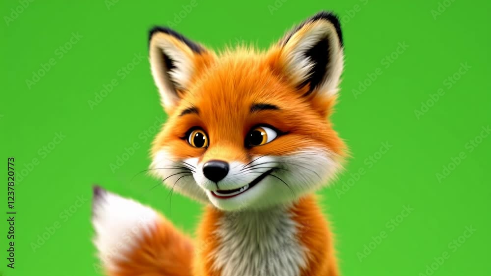 Happy cartoon fox, green screen, studio shot, animation Happy cartoon fox, green screen, studio shot, animation