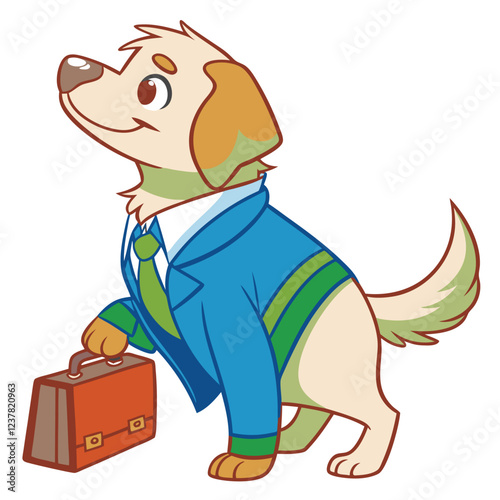 A cheerful golden retriever in a business suit with a briefcase Illustrator Artwork