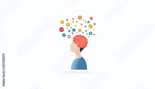 Abstract representation of a person with a brain, surrounded by colorful icons symbolizing thoughts