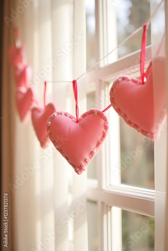 Pink heart decorations hanging by window for romantic home decor, garland