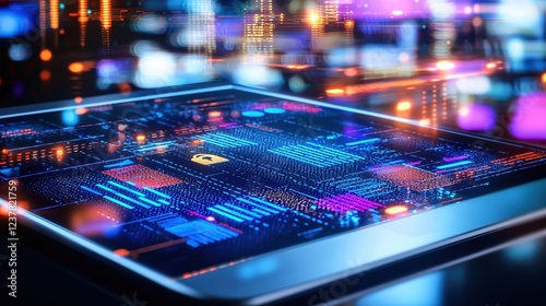 Wallpaper Mural Futuristic Tablet Displaying Digital Security Data in Vibrant Cityscape Background Torontodigital.ca