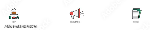NPS icon set flow process which consists of shopping, customer, rating, like, premium, and store icon live stroke and easy to edit .