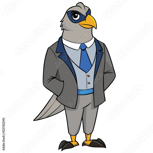 A falcon in a steel gray blazer with blue lapels