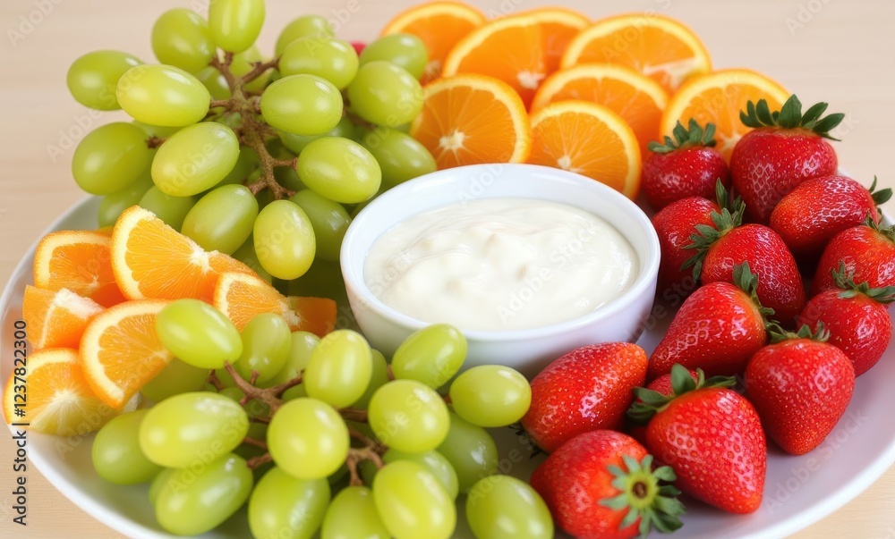 Vibrant fruit platter with yogurt dip Vibrant fruit platter with yogurt dip