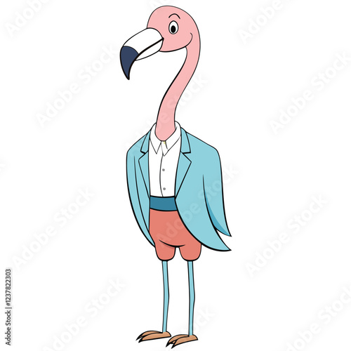 A flamingo in a soft coral blazer with a sky blue vest