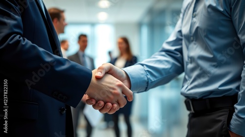 business meeting, handshake closeup, office hallway, blurred background, professional attire, corporate