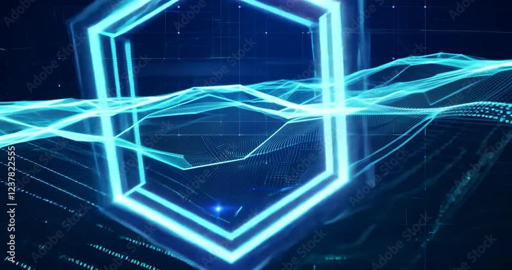 Digital close-up of data streams in motion, with binary numbers and geometric patterns weaving through a blue-hued technological landscape.