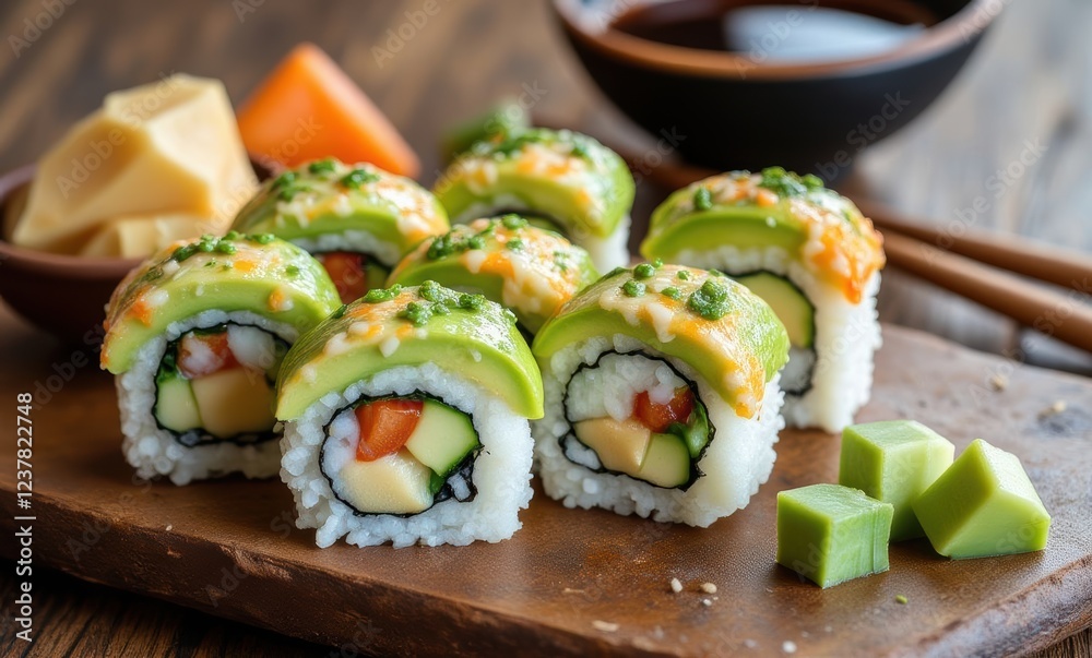 Colorful sushi rolls on a wooden board Colorful sushi rolls on a wooden board