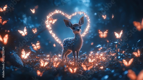 A heart-shaped ring of glowing butterflies with a cute deer standing in the center photo