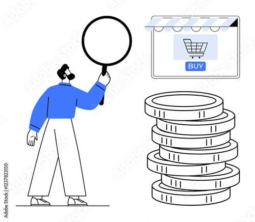 Man in blue shirt holding magnifying glass examines online shopping window with buy button, stack of coins symbolizes financial growth. Ideal for e-commerce, financial analysis, economic trends