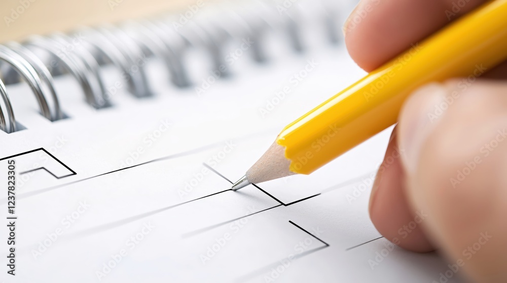 Close Up Hand Using Yellow Pencil to Fill Checklist on Spiral Notebook Close Up Hand Using Yellow Pencil to Fill Checklist on Spiral Notebook